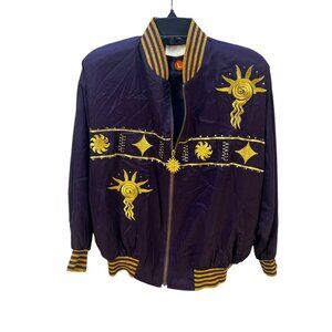 Caché Satin Bomber Jacket Gold Sunburst Crafty Embellishments Striped Size L Pu